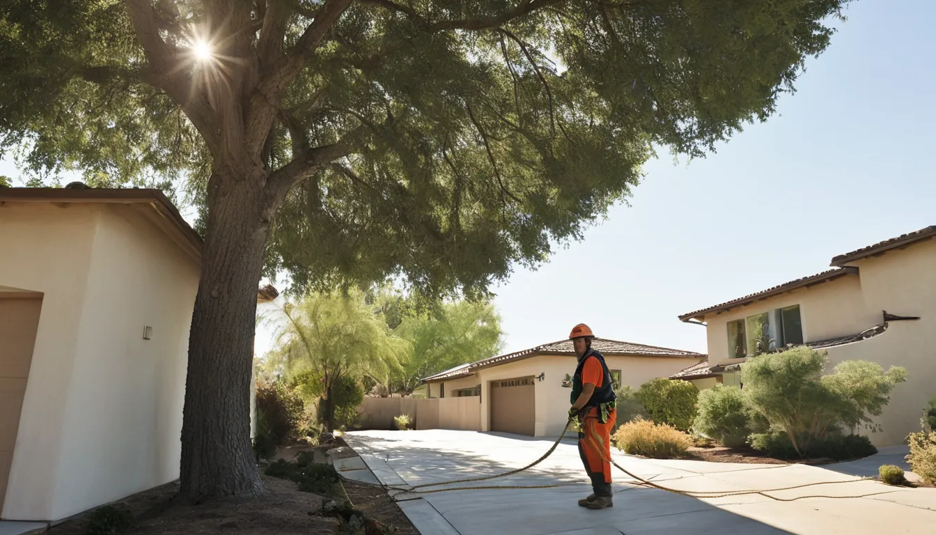 Tree removal provider cutting a large tree near a stucco home in Stockton